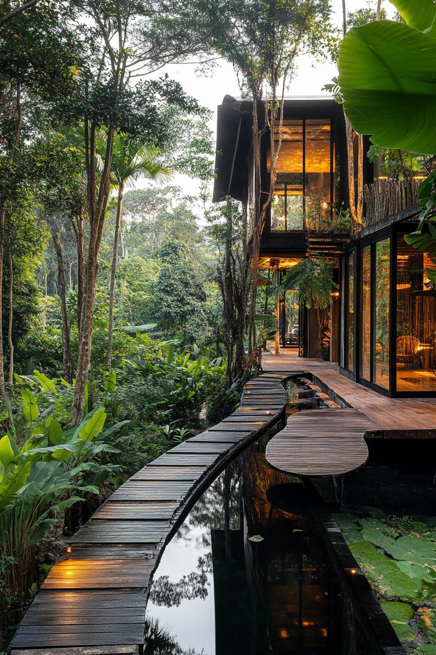 luxury reehouse villa in Bali tropical forest with elevated pathways between buildings 1