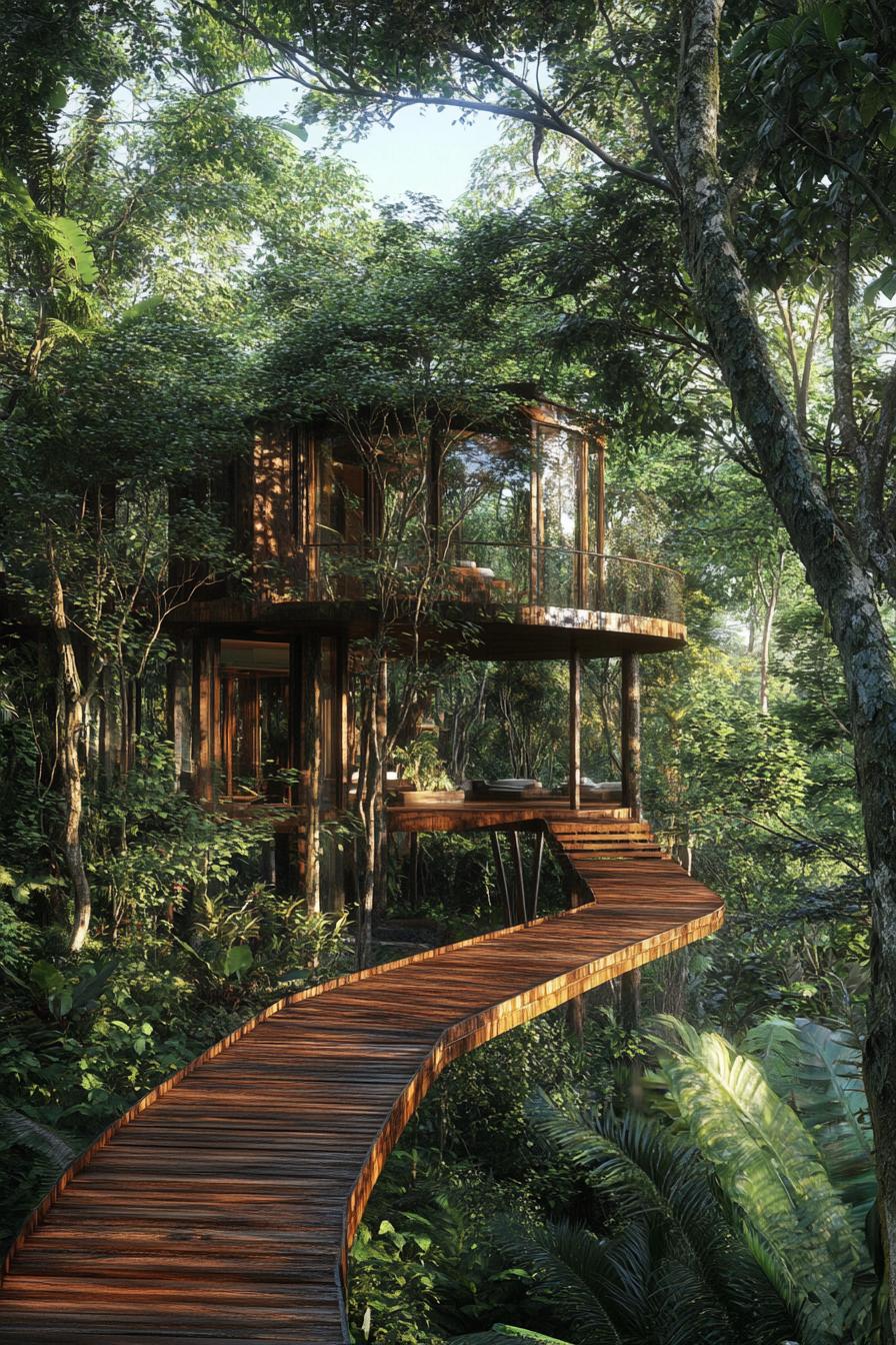 luxury reehouse villa in Bali tropical forest with elevated pathways between buildings 2