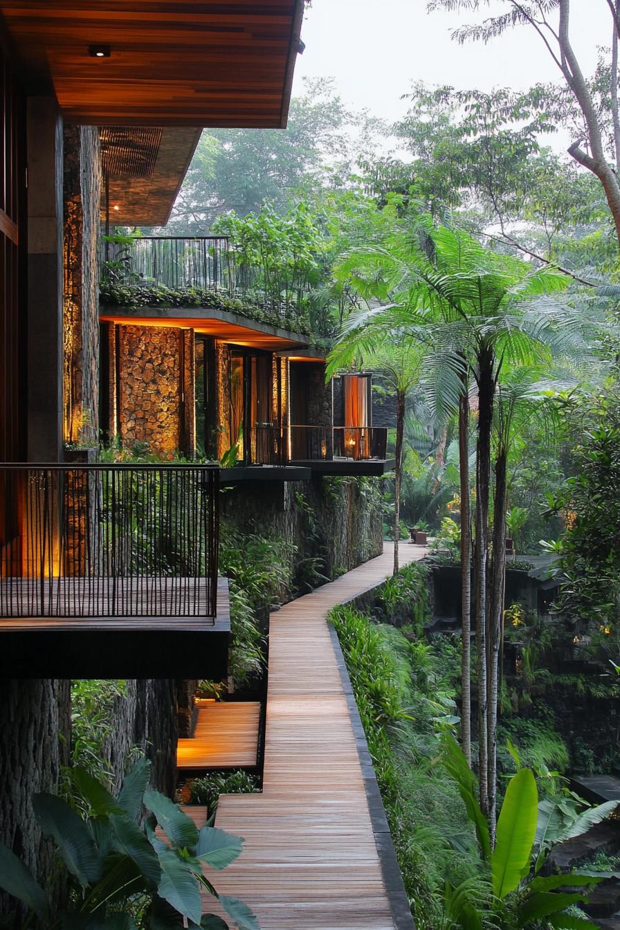 luxury reehouse villa in Bali tropical forest with elevated pathways between buildings 3