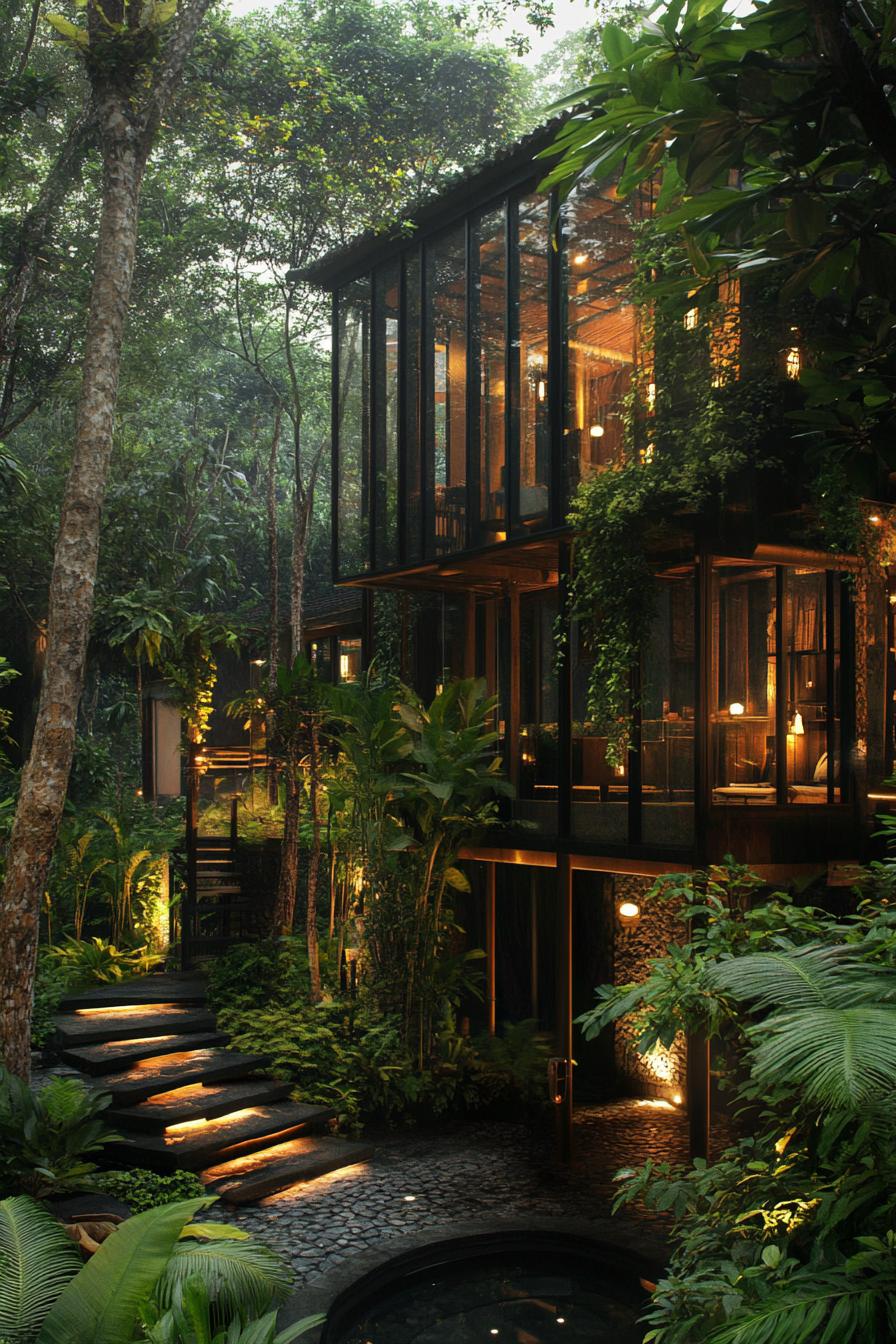 luxury reehouse villa in Bali tropical forest with elevated pathways between buildings