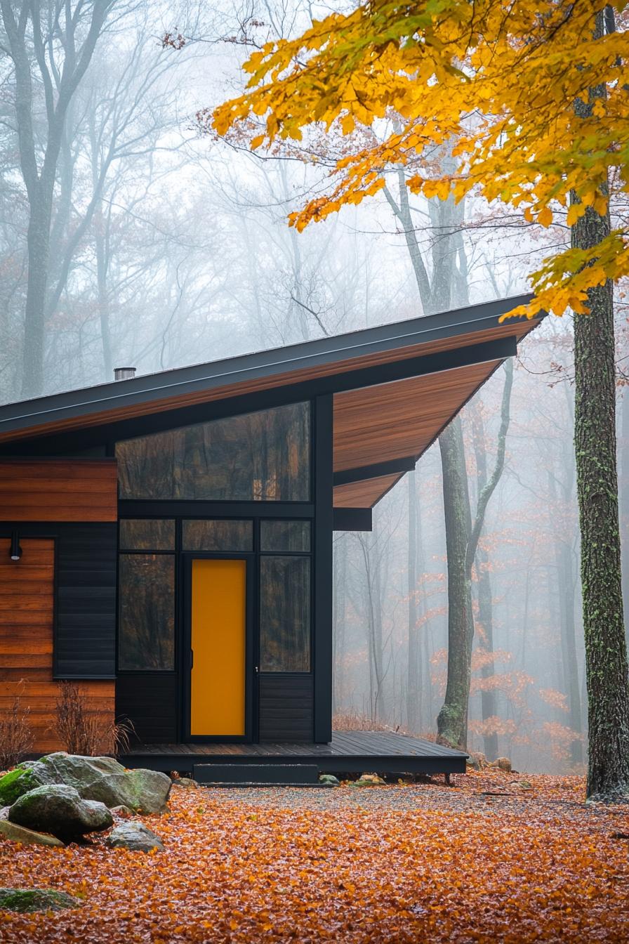 mid century modern cabin facade with exposed steel beams and columns misty Scandinavian woods 1