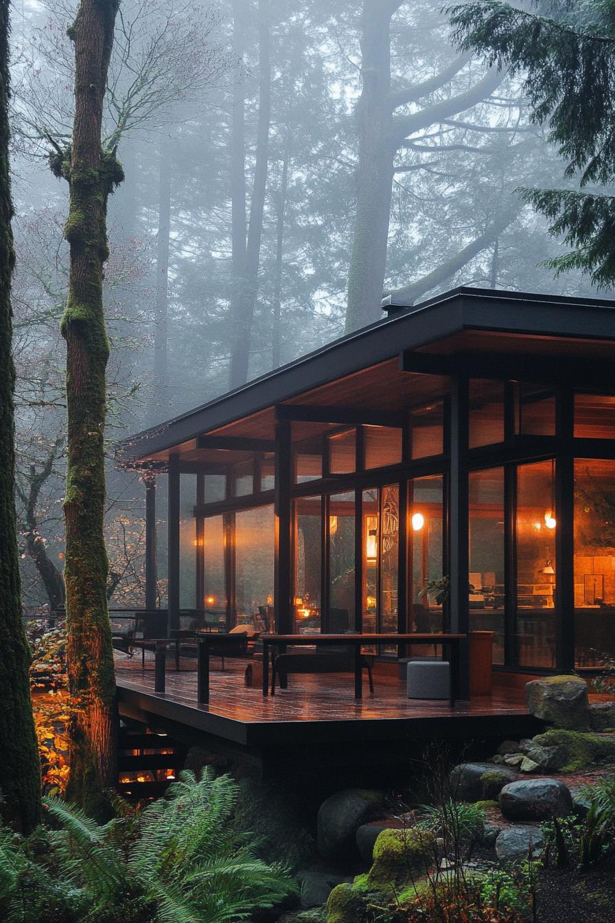 mid century modern cabin facade with exposed steel beams and columns misty Scandinavian woods 2