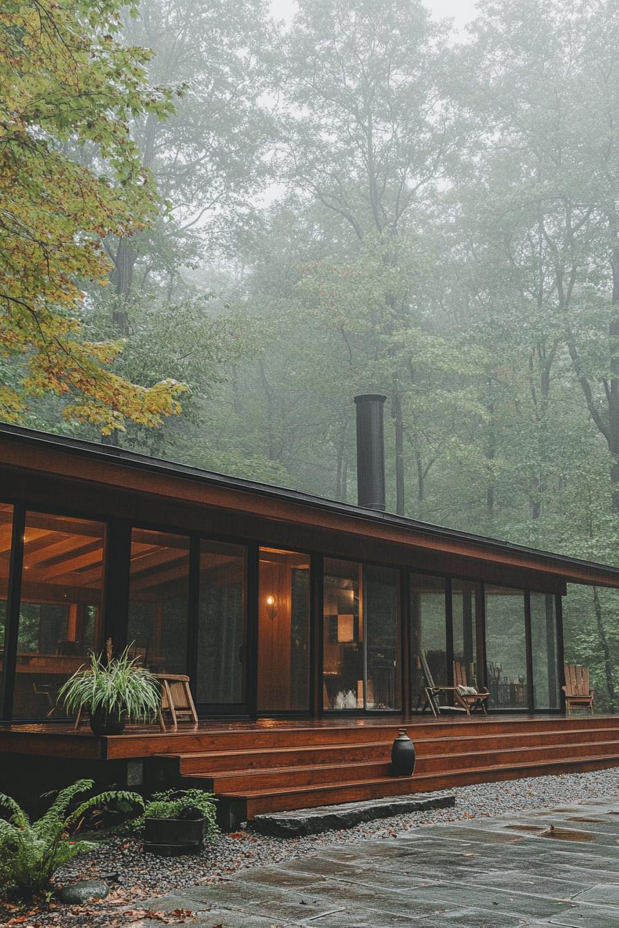 mid century modern cabin facade with exposed steel beams and columns misty Scandinavian woods 3