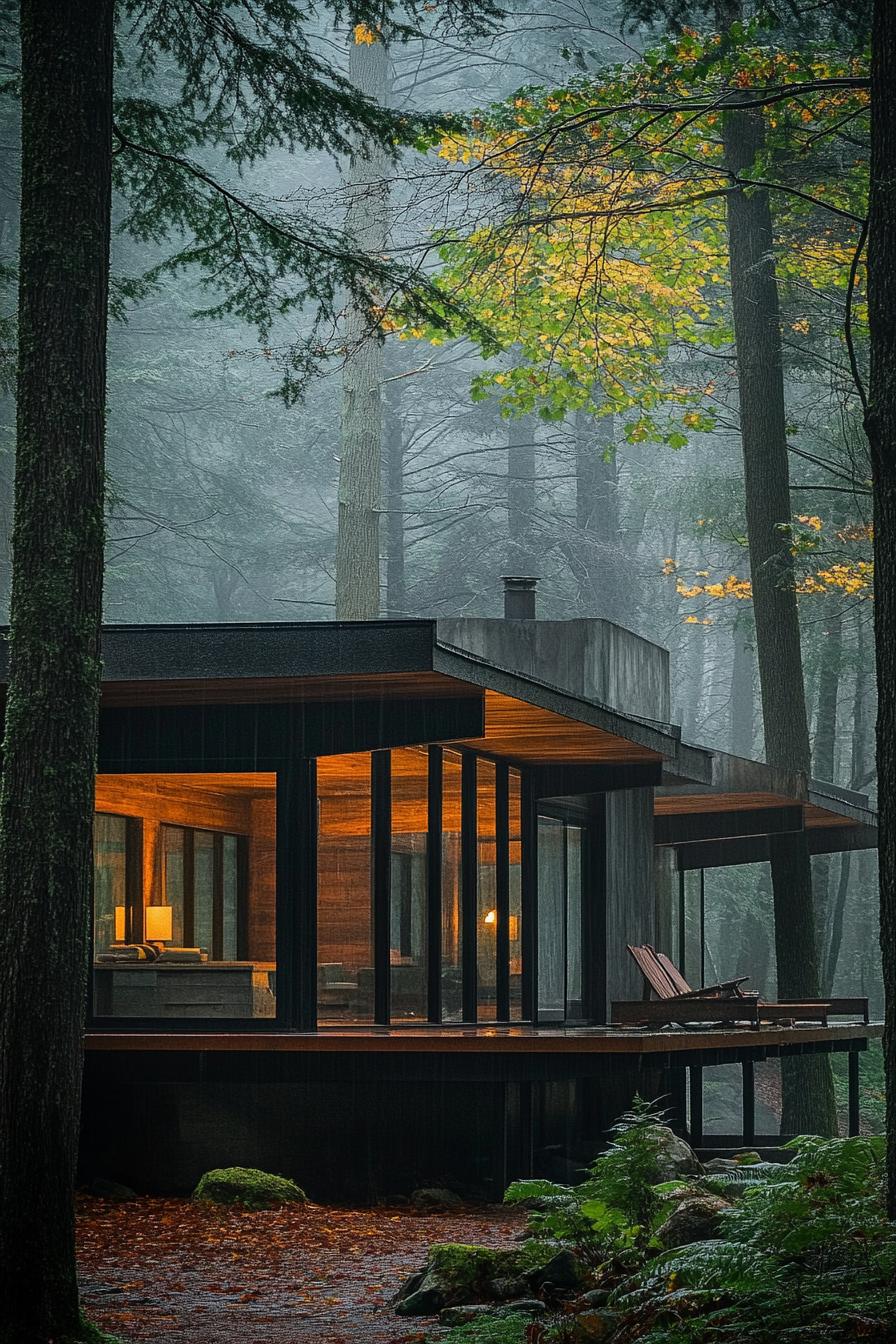 mid century modern cabin facade with exposed steel beams and columns misty Scandinavian woods