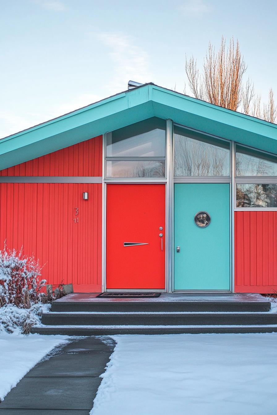 mid century modern house facade in bright red and aqua with chrome accents 1