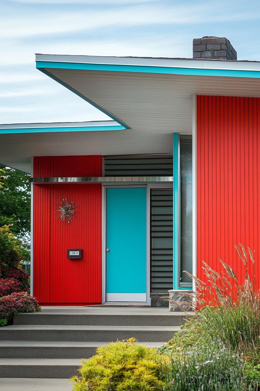 mid century modern house facade in bright red and aqua with chrome accents 2