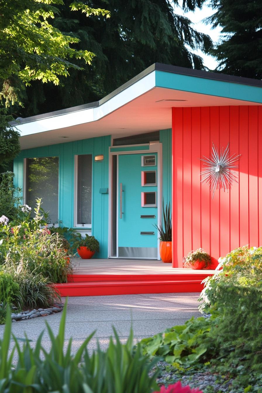 mid century modern house facade in bright red and aqua with chrome accents 3