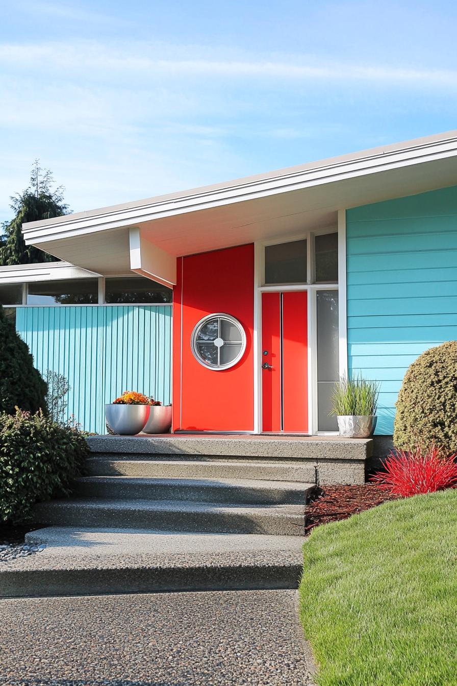 mid century modern house facade in bright red and aqua with chrome accents