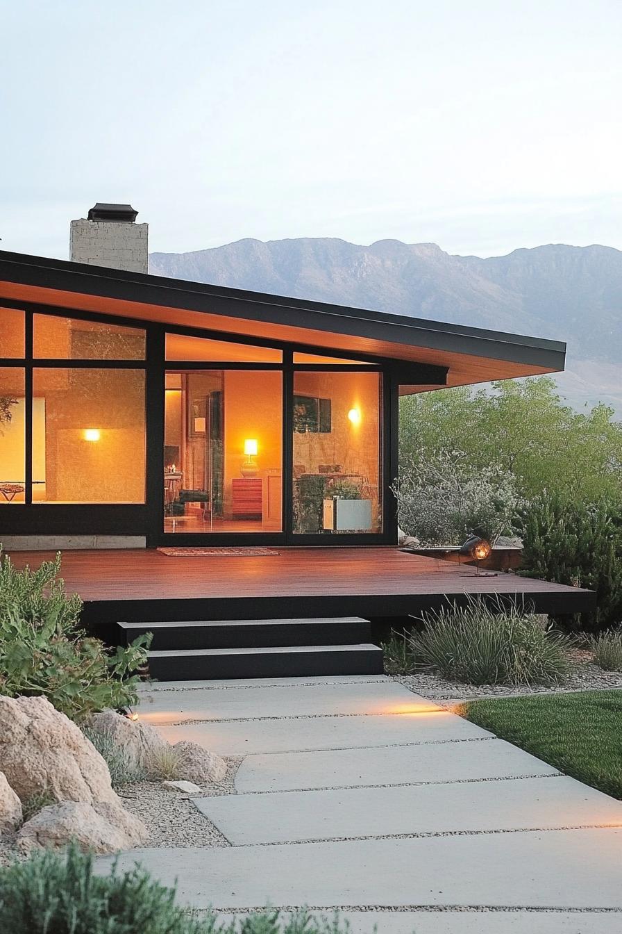 mid century modern house with large windows and sliding doors with front porch stunning mountains in the background 1