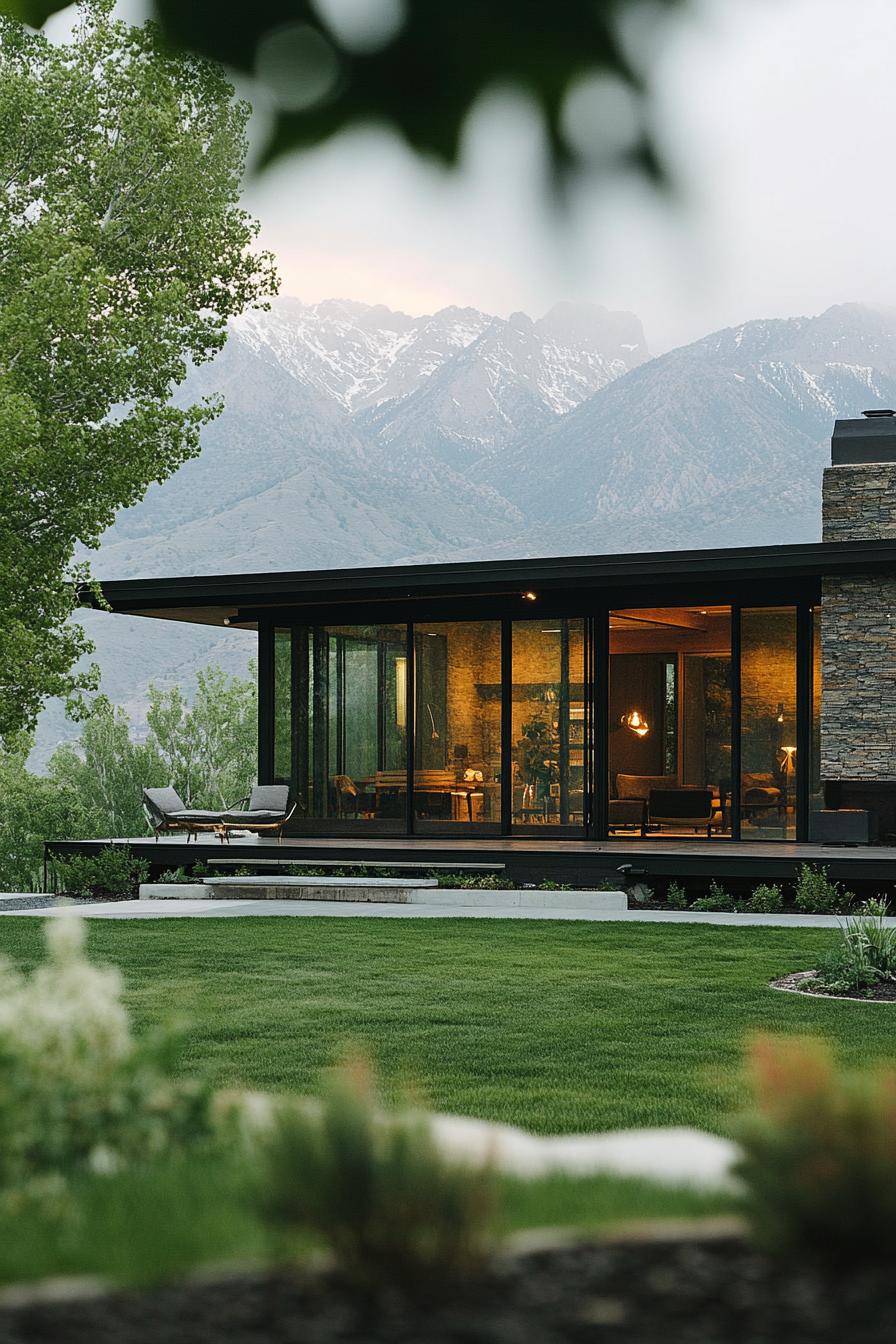 mid century modern house with large windows and sliding doors with front porch stunning mountains in the background 2