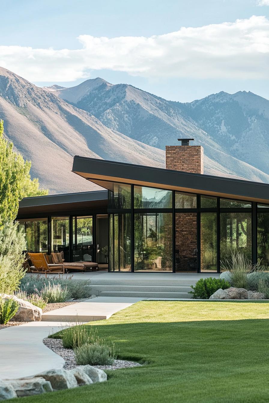 mid century modern house with large windows and sliding doors with front porch stunning mountains in the background 3