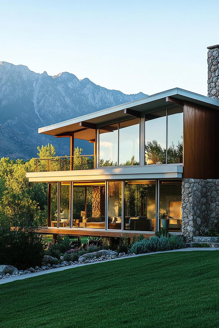 mid century modern house with large windows and sliding doors with front porch stunning mountains in the background