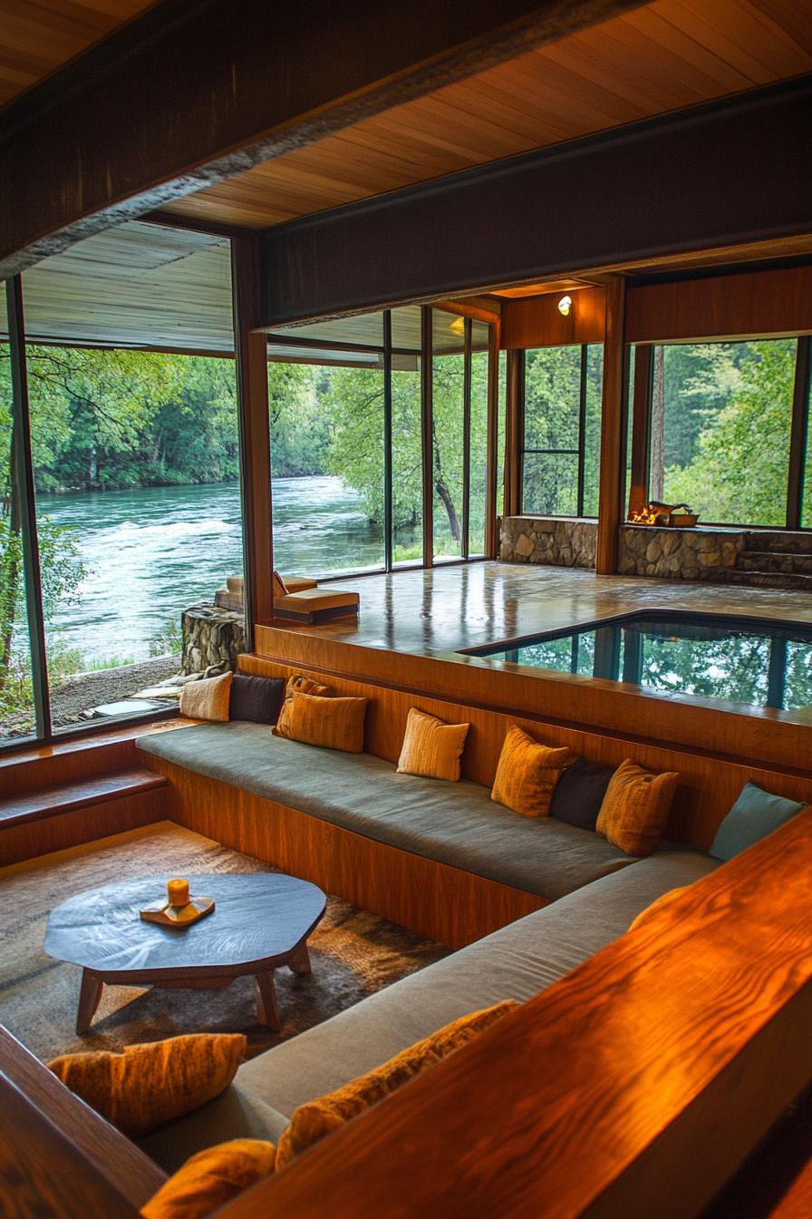 mid century modern lodge home sunken living room with large windows overlooking a beautiful river 1