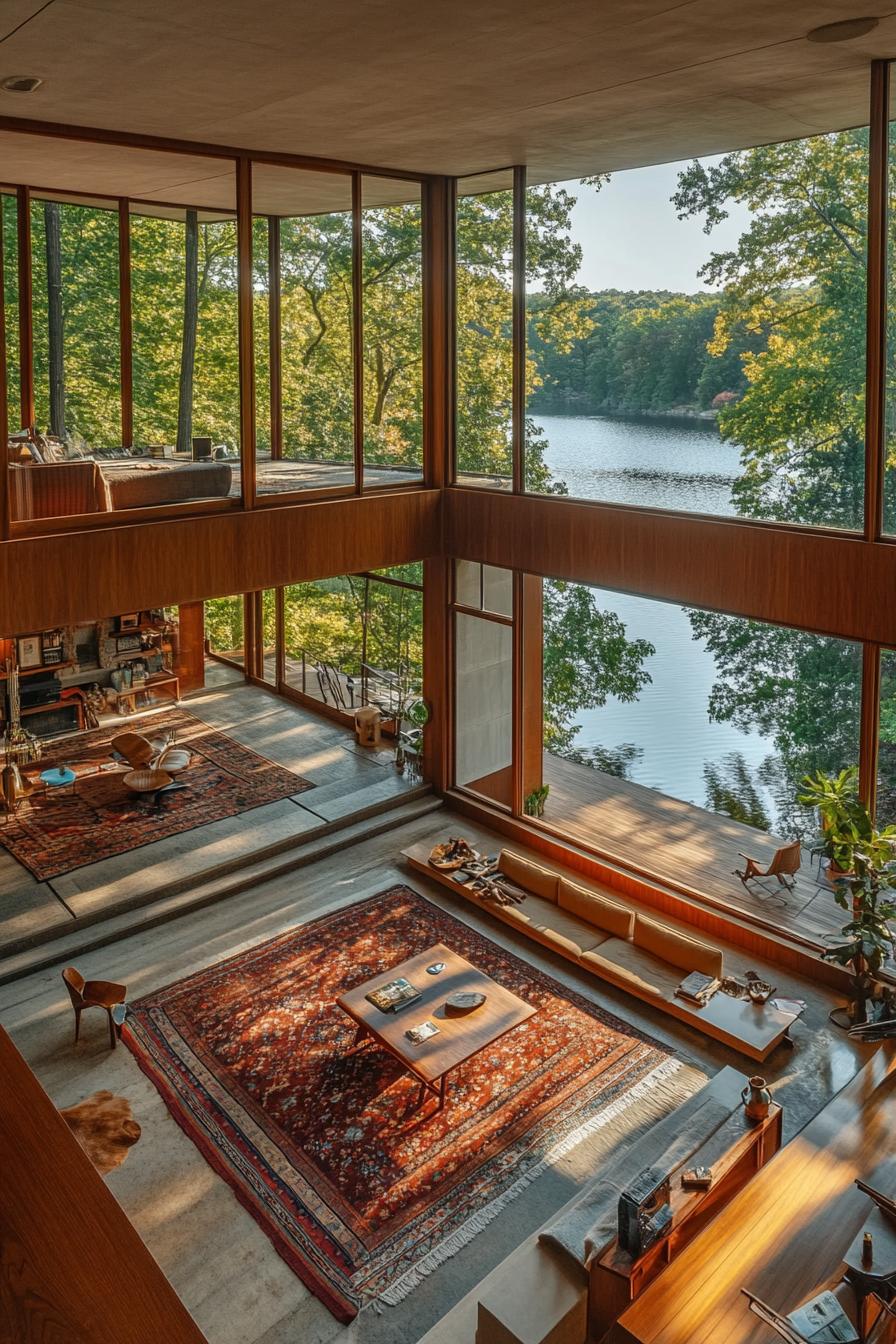 mid century modern lodge home sunken living room with large windows overlooking a beautiful river 2