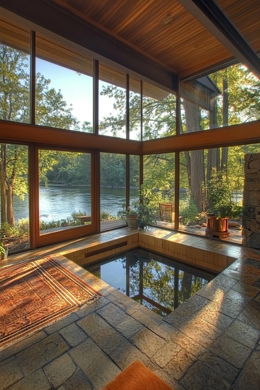 mid century modern lodge home sunken living room with large windows overlooking a beautiful river 3