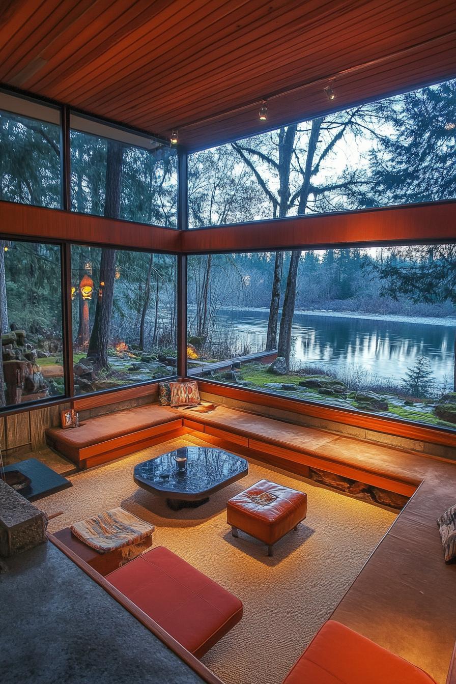 mid century modern lodge home sunken living room with large windows overlooking a beautiful river