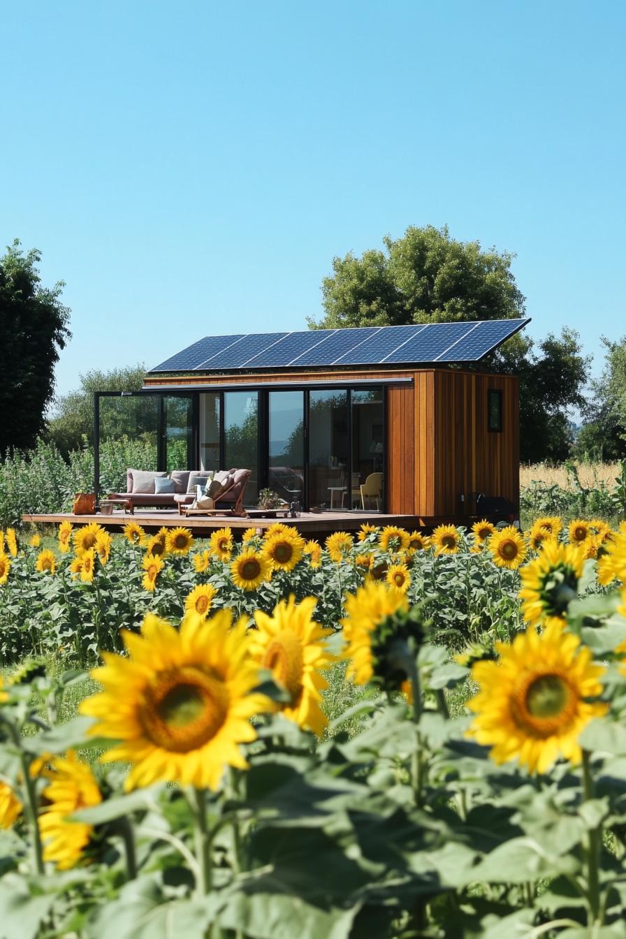 mid century modern tiny prefab with flat roof solar panels sunflower field in the background 1