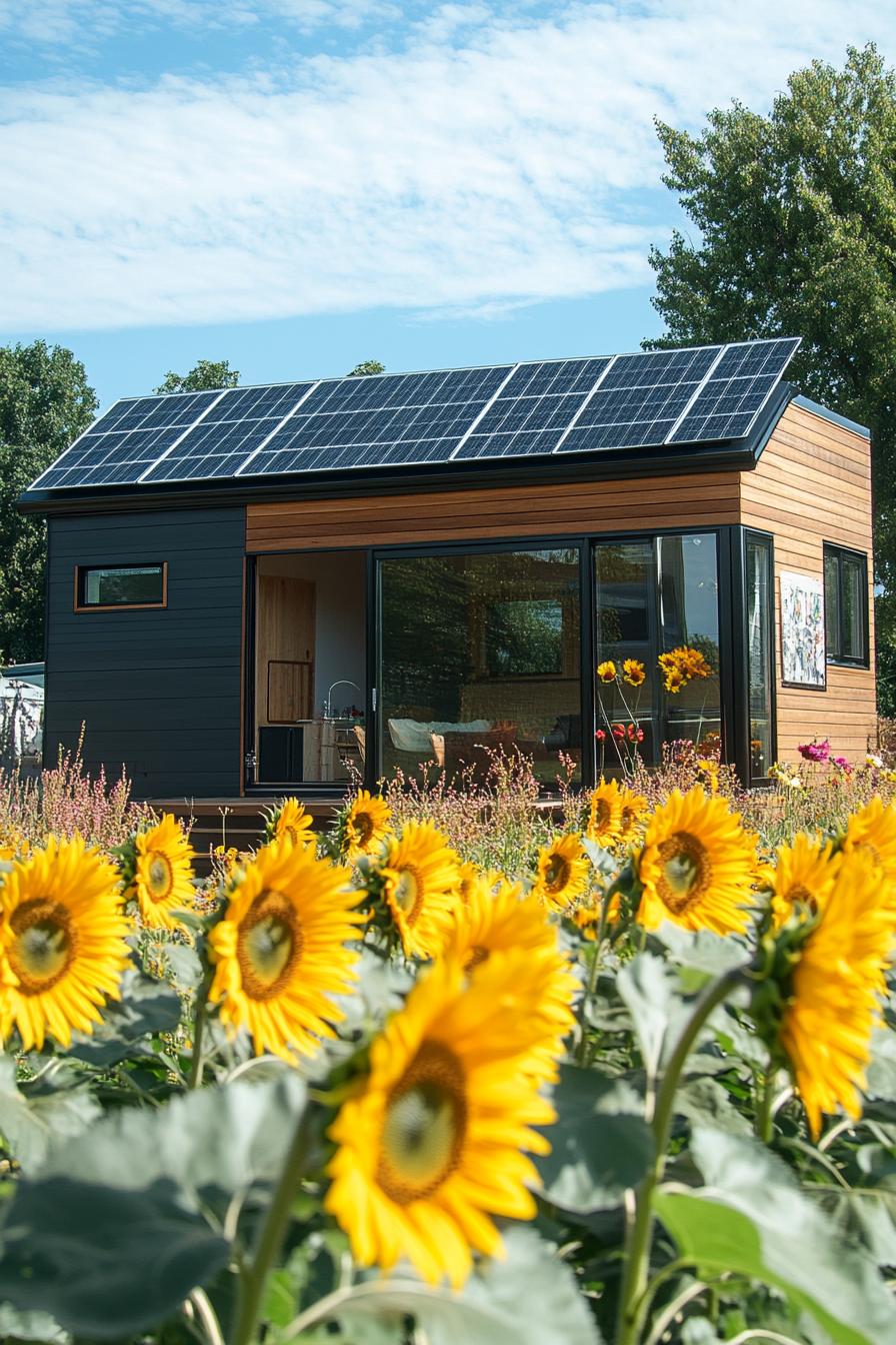 mid century modern tiny prefab with flat roof solar panels sunflower field in the background 2