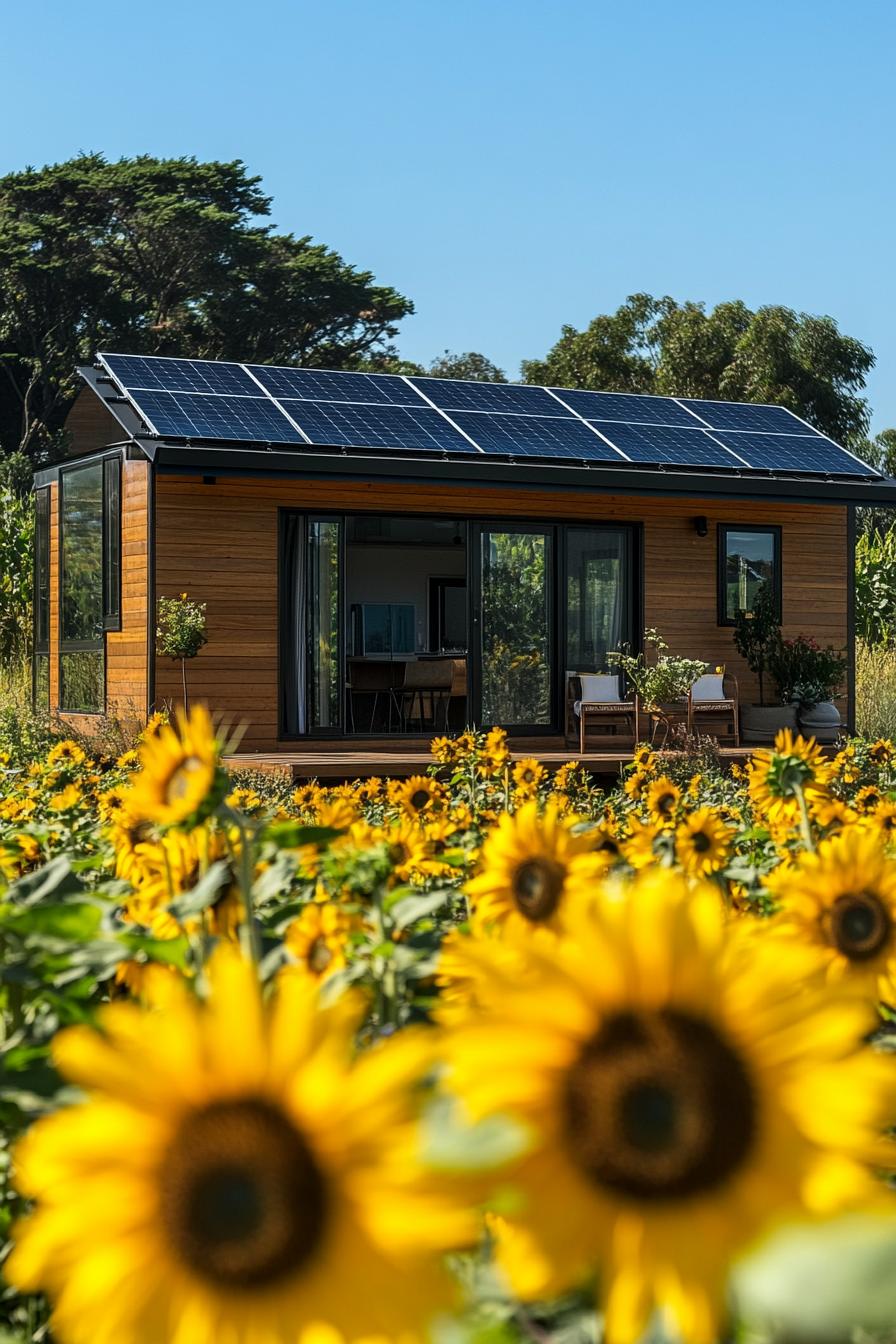 mid century modern tiny prefab with flat roof solar panels sunflower field in the background 3