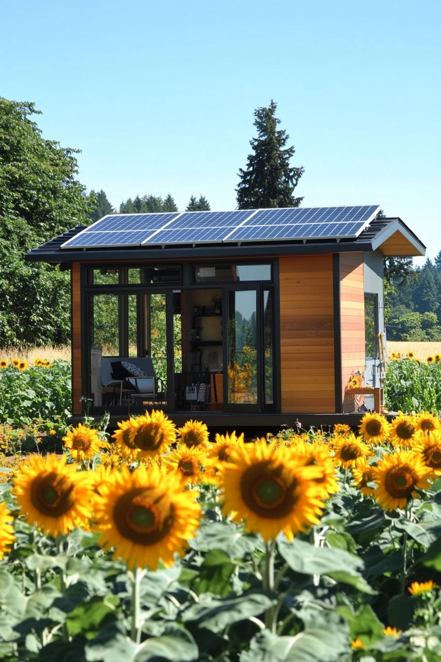 mid century modern tiny prefab with flat roof solar panels sunflower field in the background