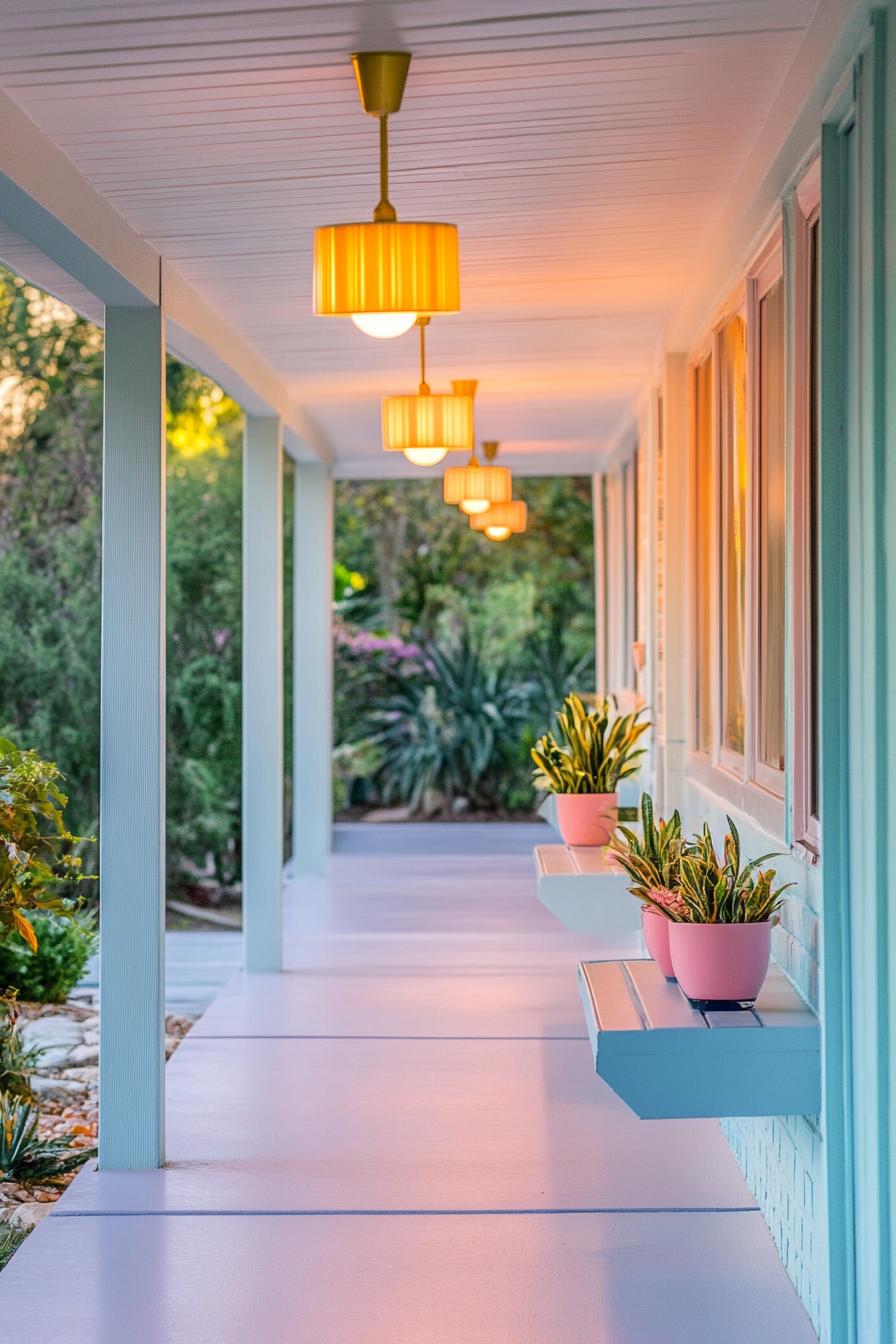 modern 70s style house front porch with retro lighting fixtures in pastel colors 1