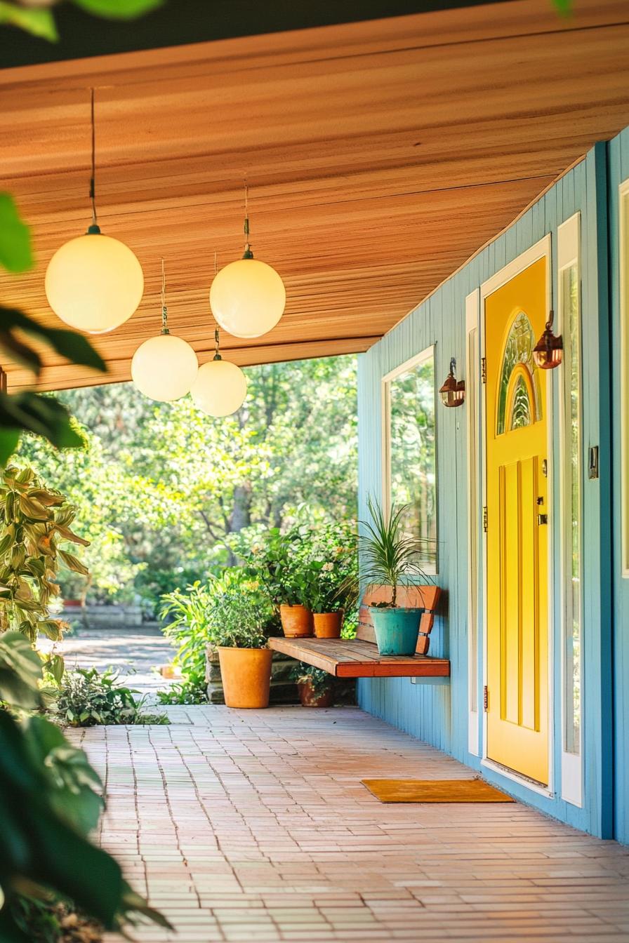 modern 70s style house front porch with retro lighting fixtures in pastel colors 2