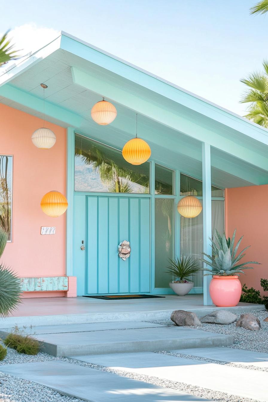 modern 70s style house front porch with retro lighting fixtures in pastel colors 3