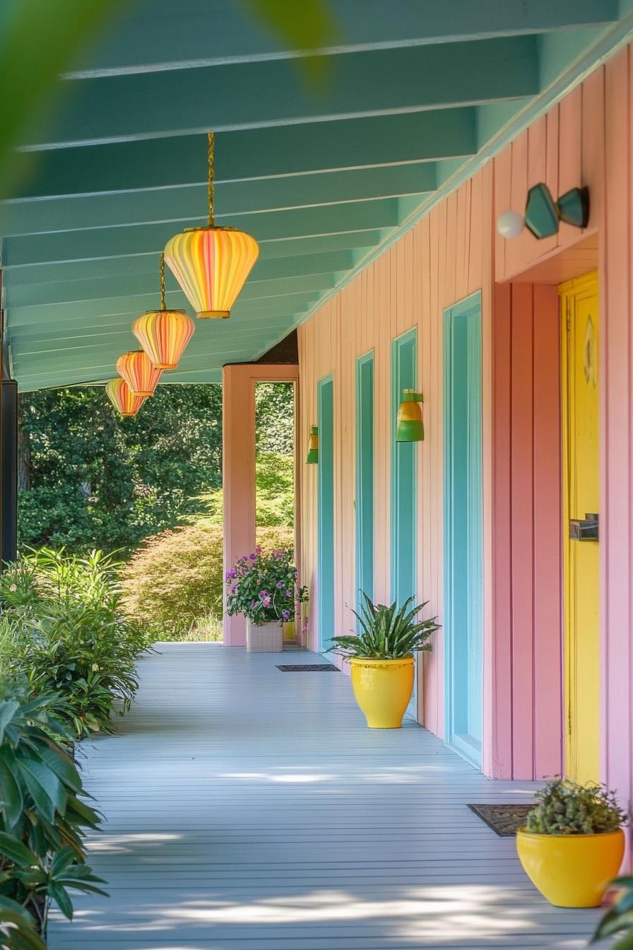 modern 70s style house front porch with retro lighting fixtures in pastel colors