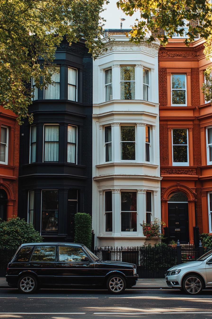 modern 90s style townhouse facade with bay windows uptown London street 1