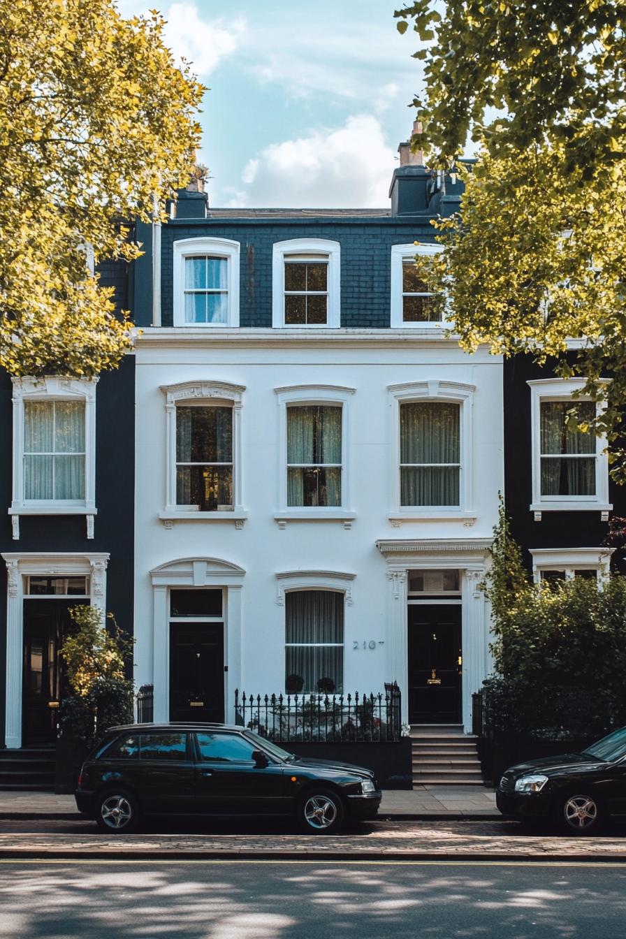 modern 90s style townhouse facade with bay windows uptown London street 3