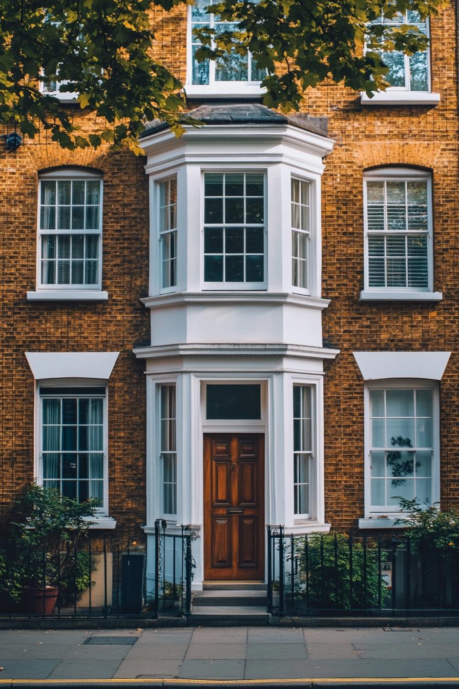 modern 90s style townhouse facade with bay windows uptown London street