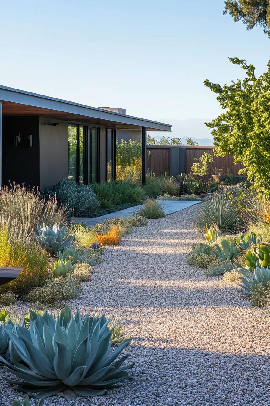 modern California house courtyard with gravel paths and succulents 1