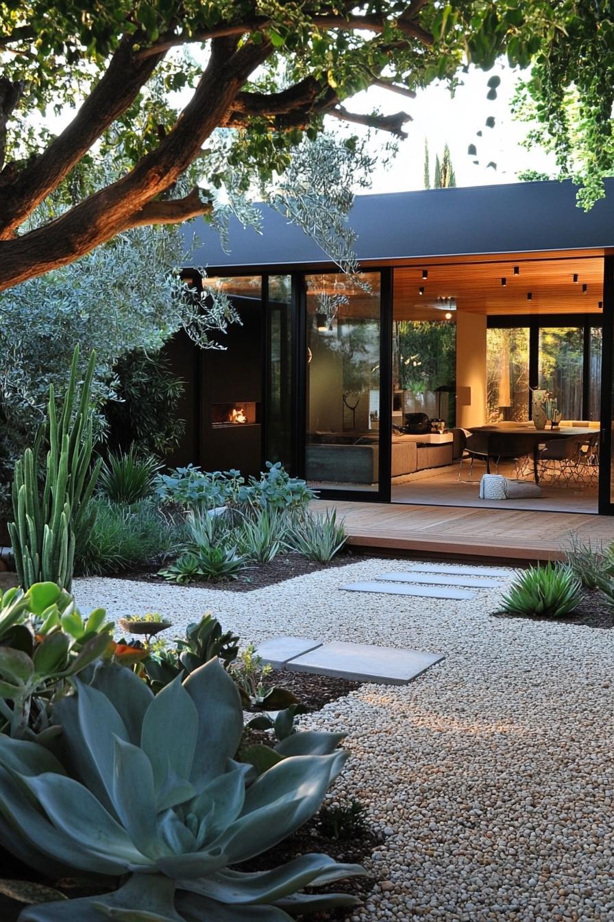 modern California house courtyard with gravel paths and succulents 2