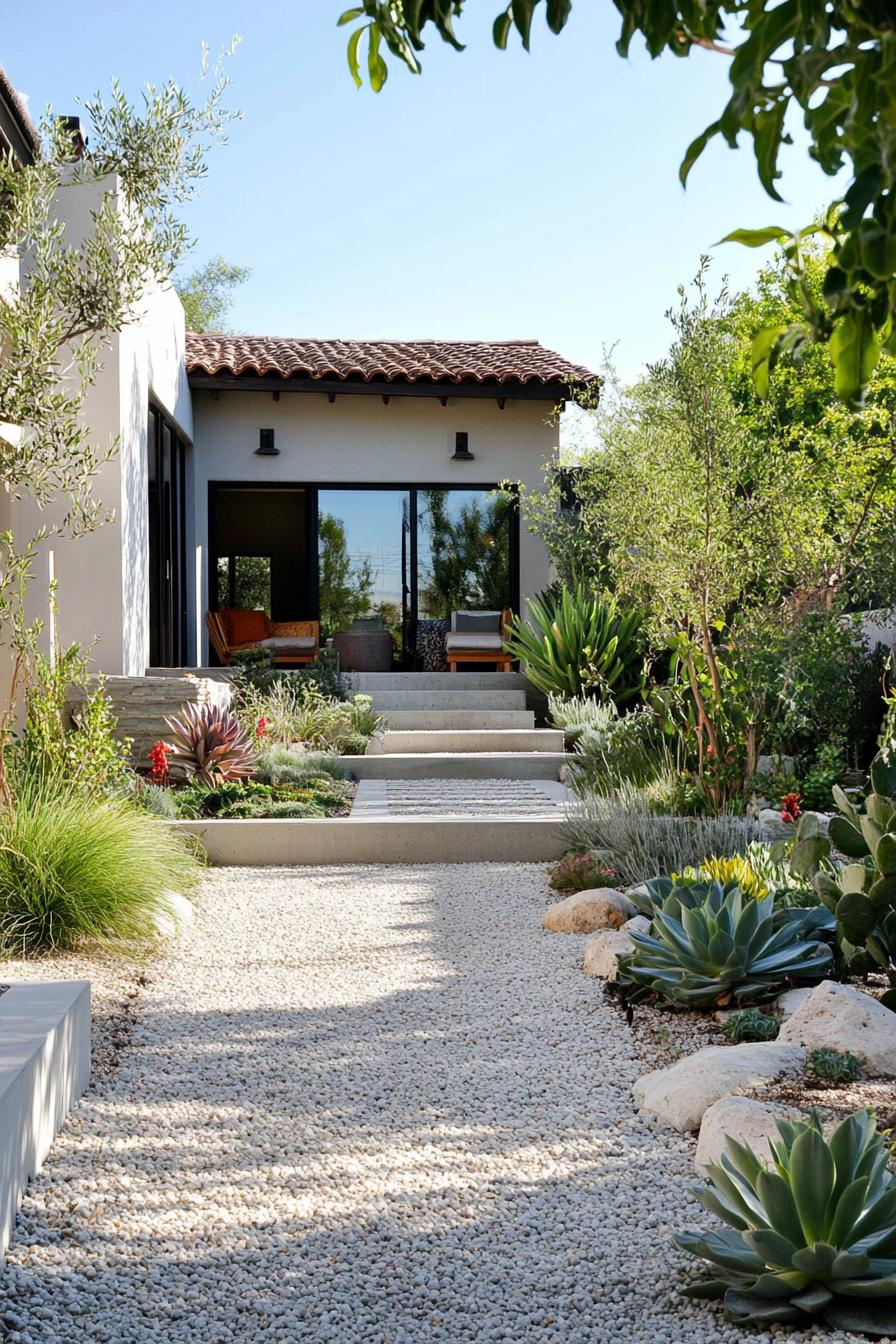 modern California house courtyard with gravel paths and succulents 3