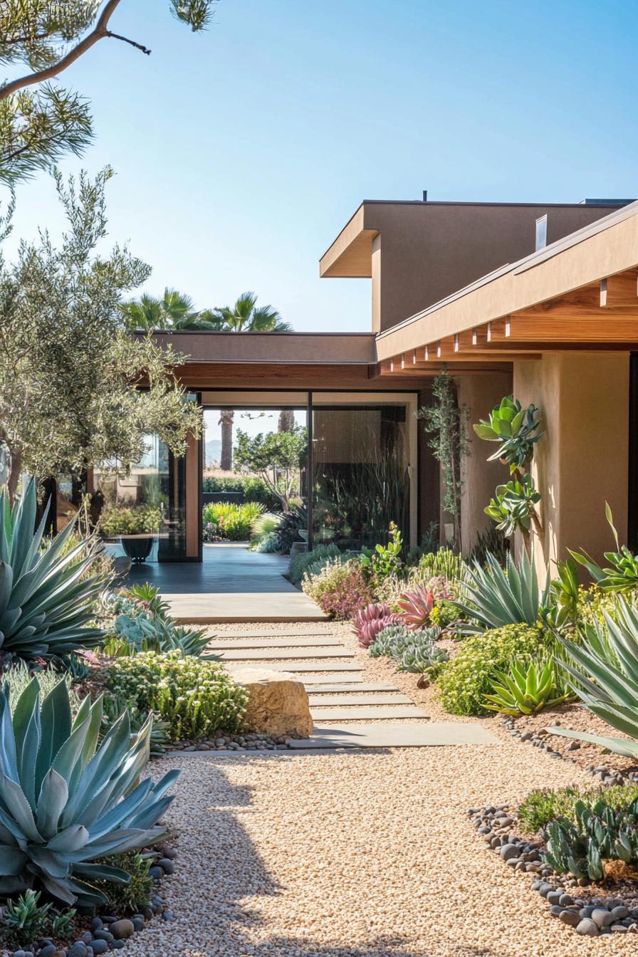 modern California house courtyard with gravel paths and succulents