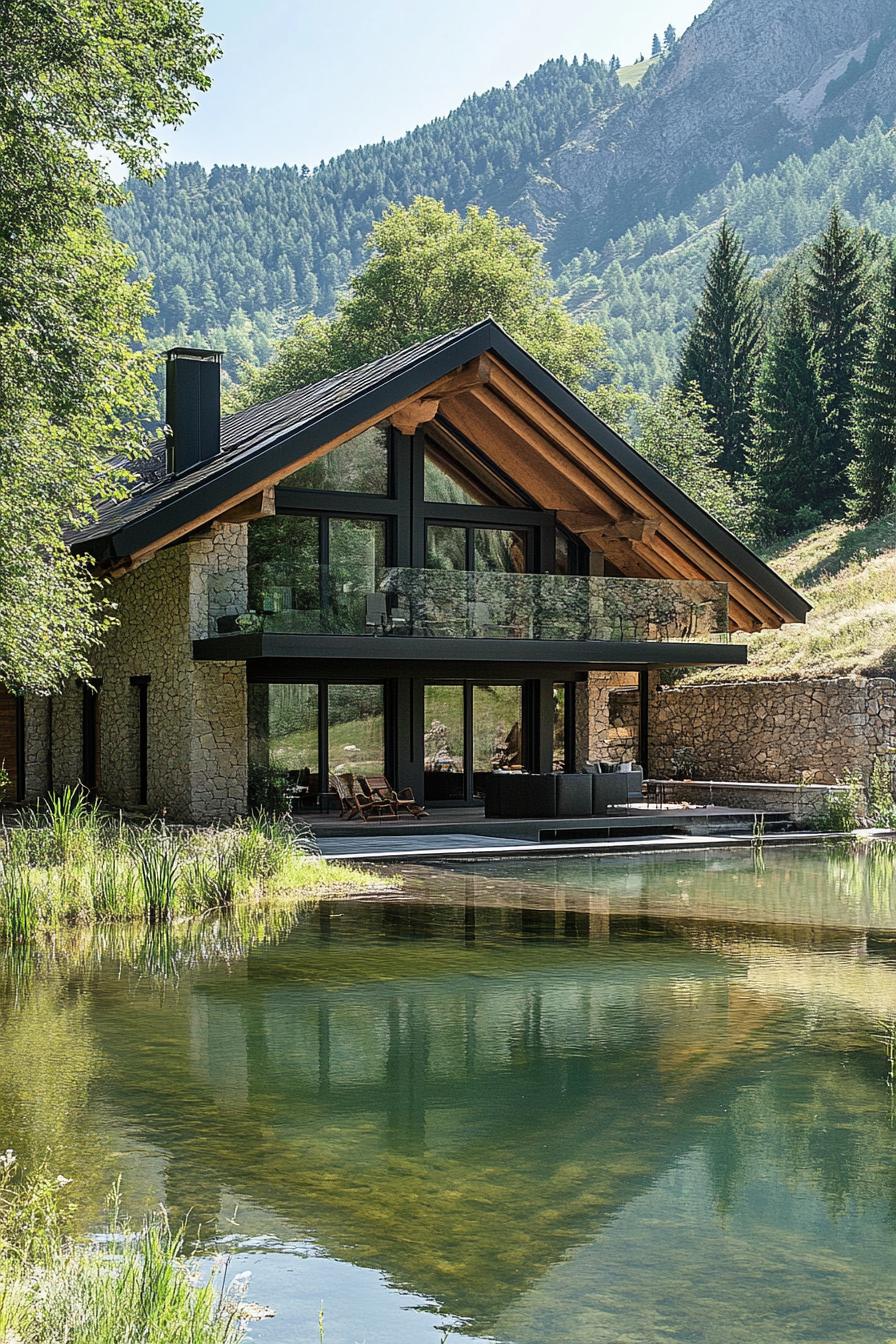 modern French chalet house with Overhanging roof Eaves With Exposed Rafters house by a pond in a green valley 1