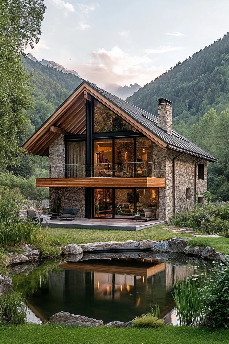 modern French chalet house with Overhanging roof Eaves With Exposed Rafters house by a pond in a green valley 2