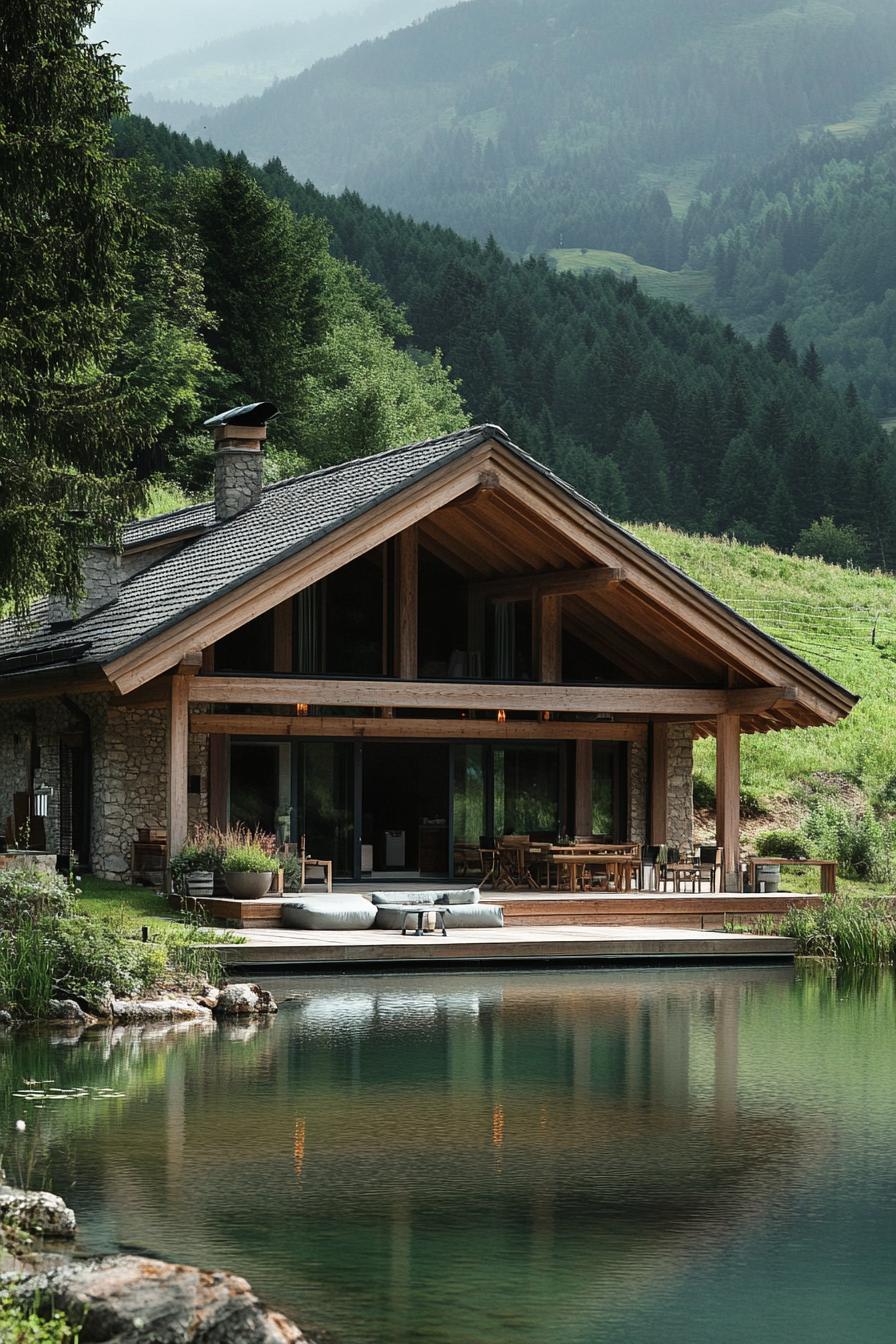 modern French chalet house with Overhanging roof Eaves With Exposed Rafters house by a pond in a green valley 3