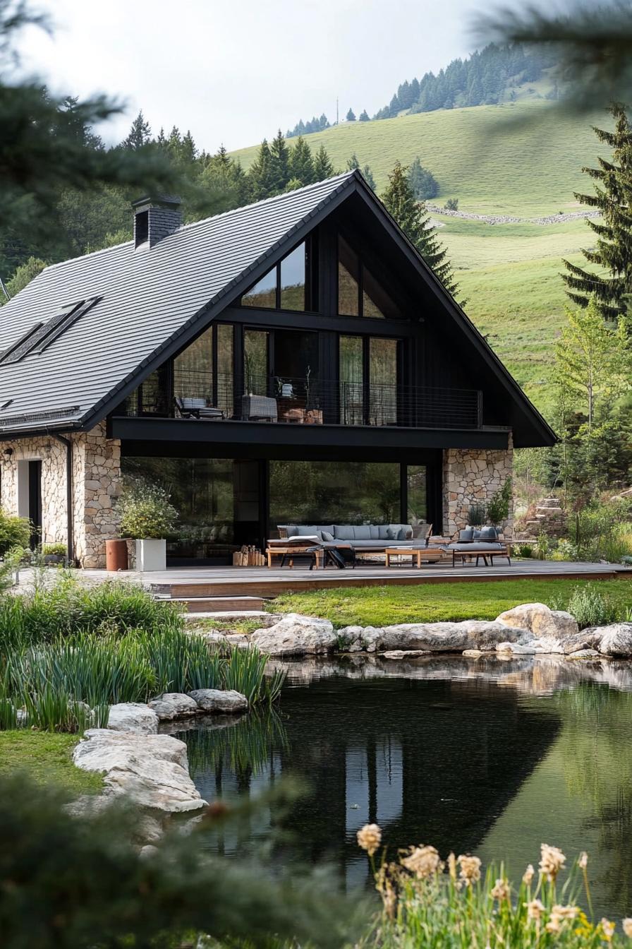 modern French chalet house with Overhanging roof Eaves With Exposed Rafters house by a pond in a green valley