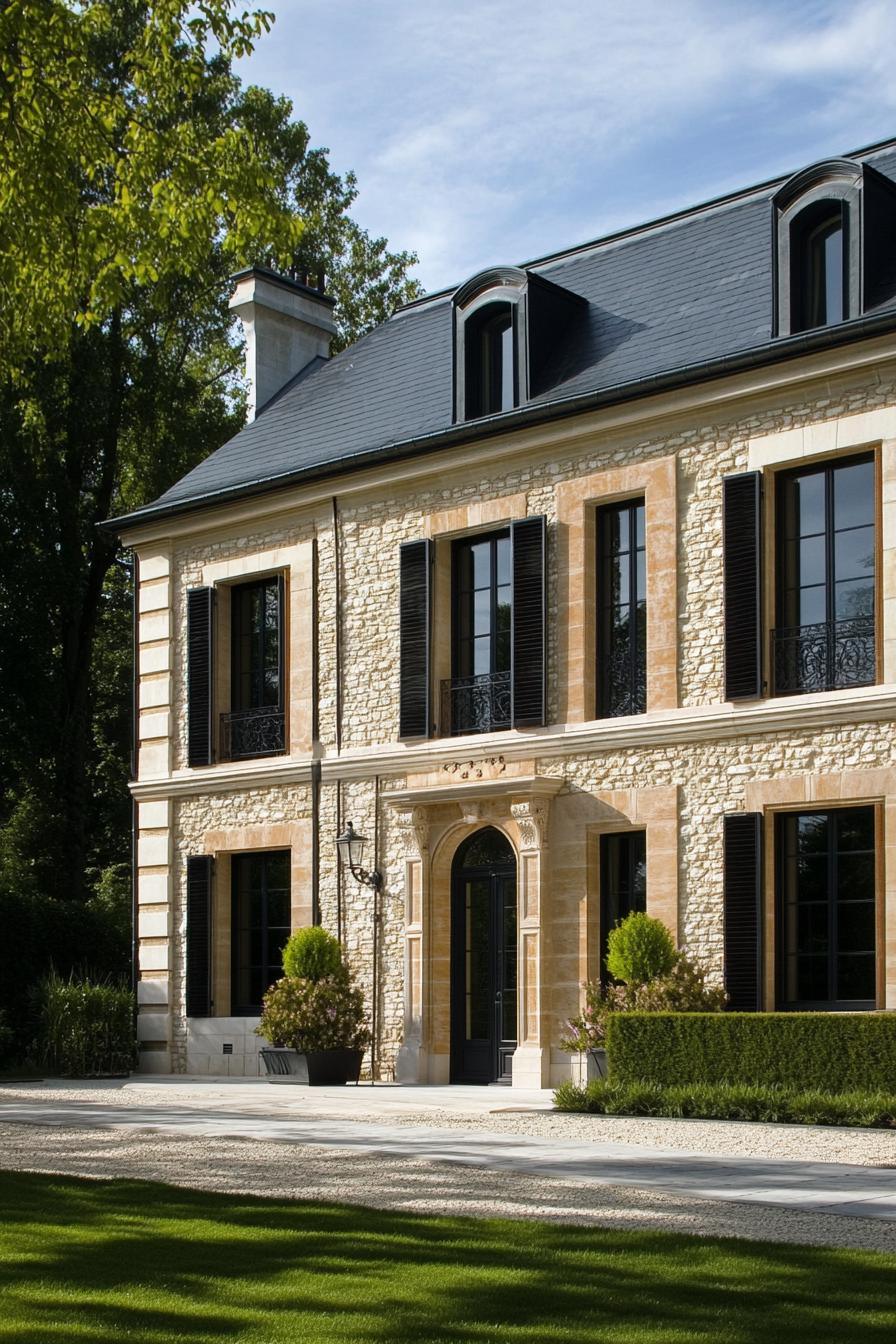 modern French country house facade earthy colors with modern art color accents 1