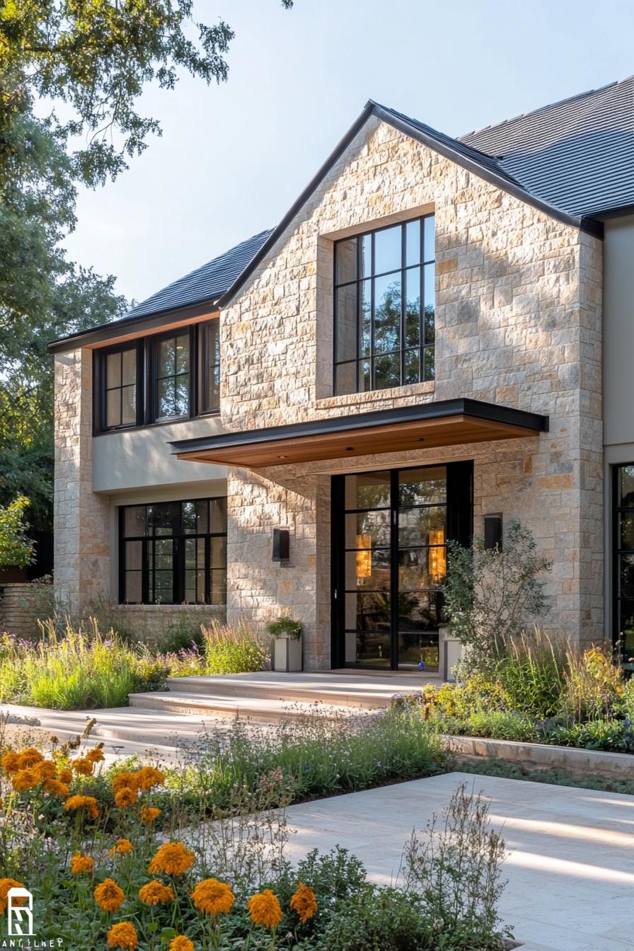 modern French country house facade earthy colors with modern art color accents 2