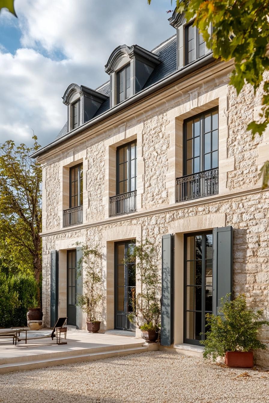 modern French country house facade earthy colors with modern art color accents 3