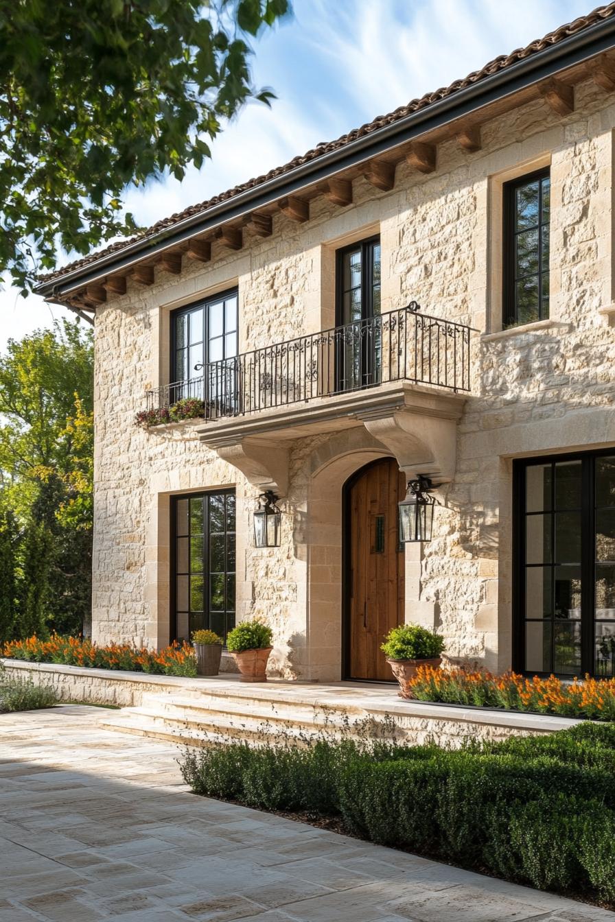 modern French country house facade earthy colors with modern art color accents