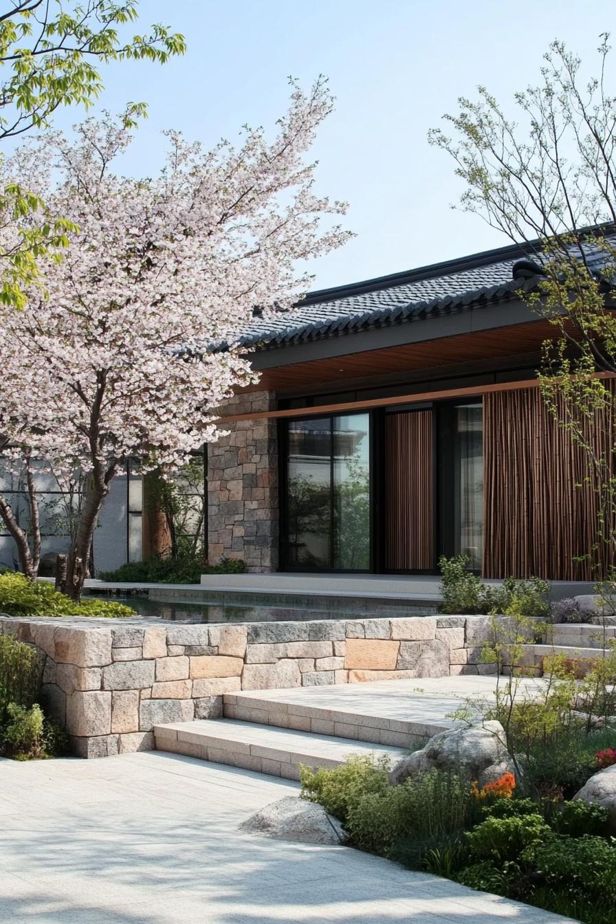 modern Korean house with bamboo and stone accent wall garden with stunning Sakuras 1