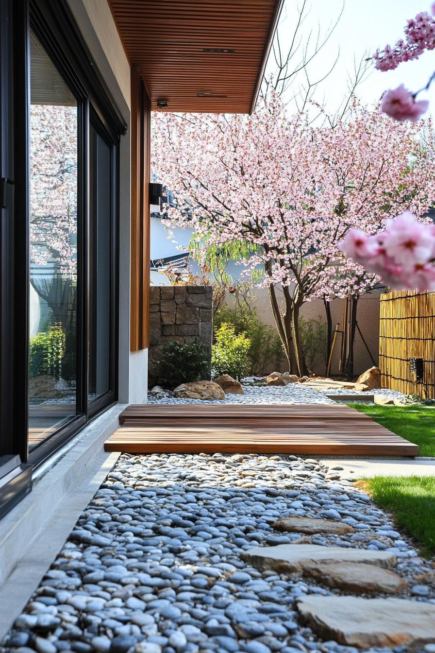 modern Korean house with bamboo and stone accent wall garden with stunning Sakuras 2