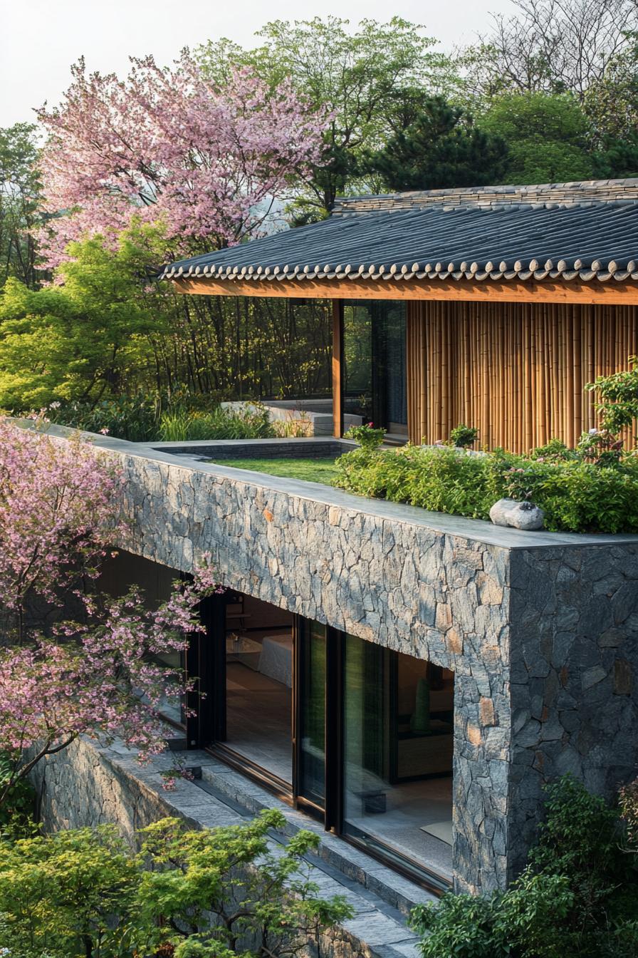 modern Korean house with bamboo and stone accent wall garden with stunning Sakuras 3