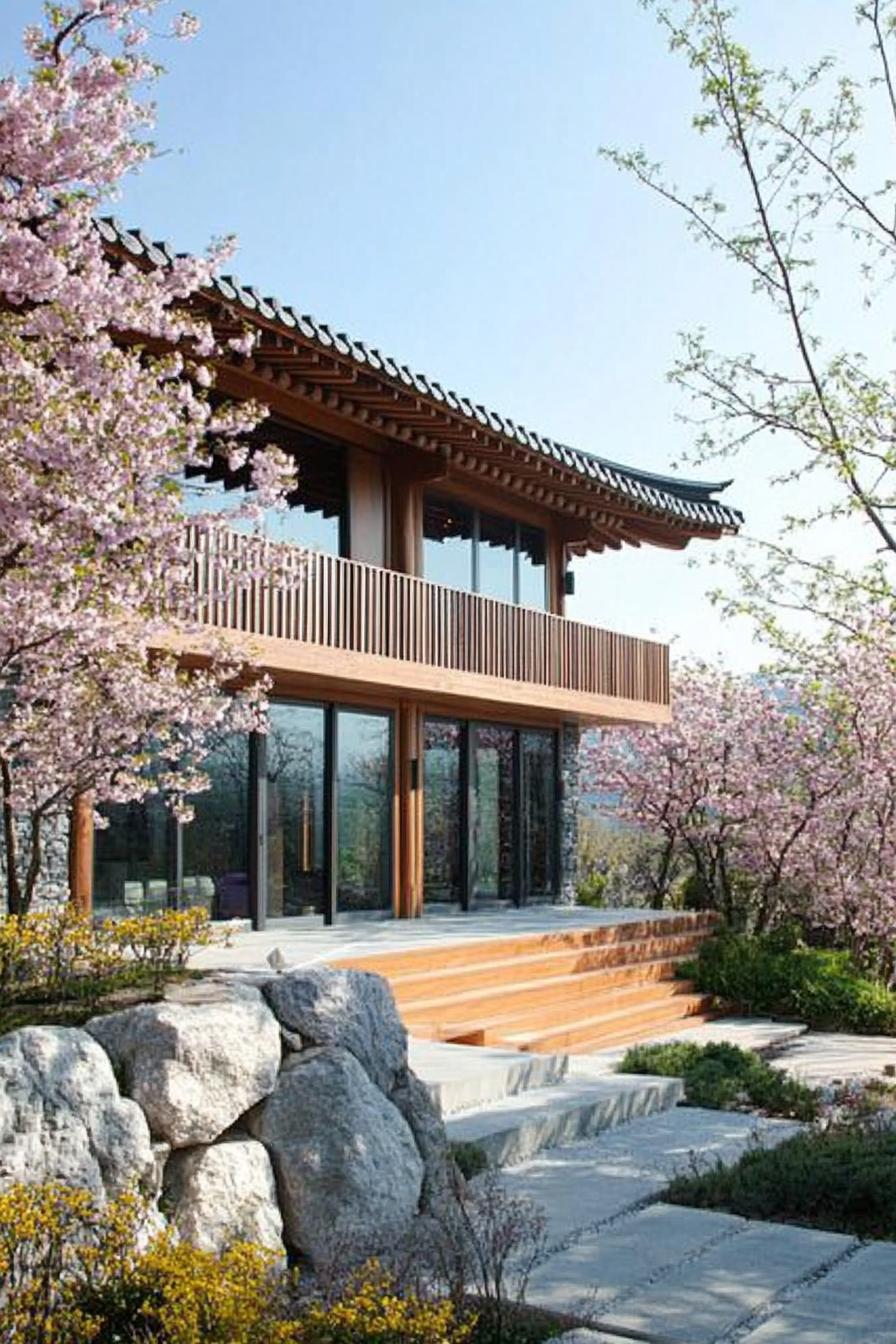 modern Korean house with bamboo and stone accent wall garden with stunning Sakuras