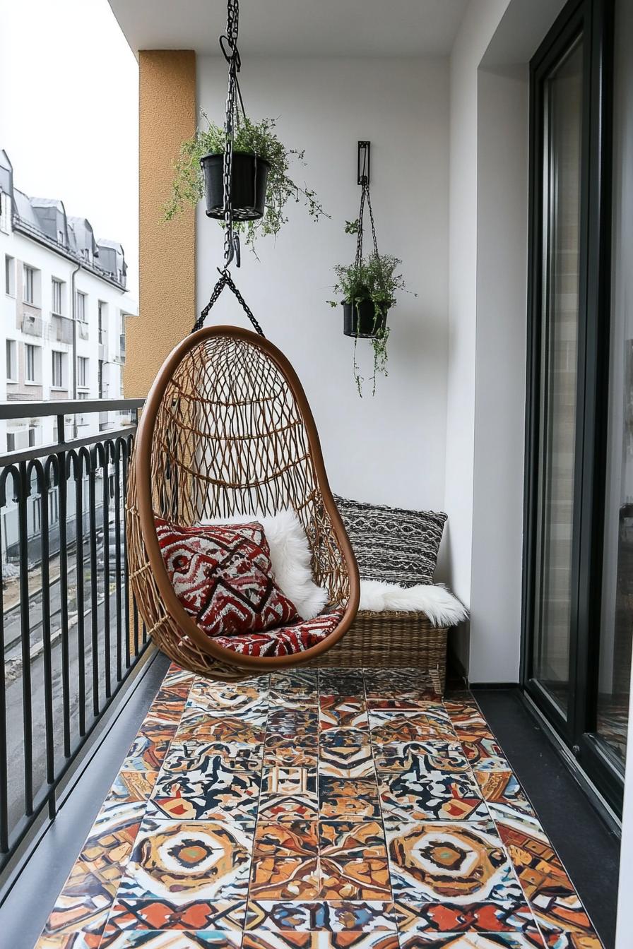 modern apartment small balcony boho interior with mosaic tile floor 3