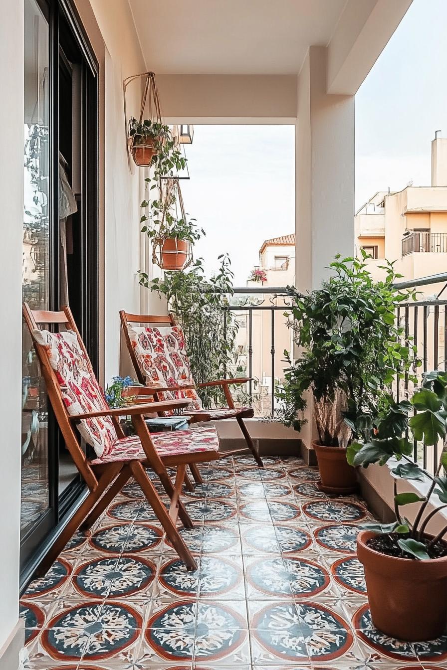 modern apartment small balcony boho interior with mosaic tile floor