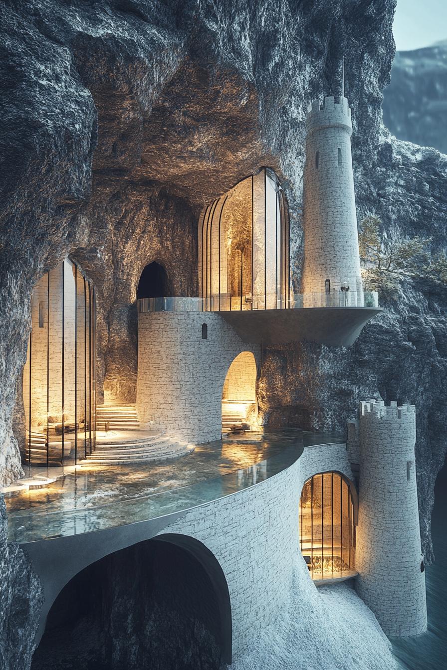 modern architecture underground cave castle with glass windows and towers 1